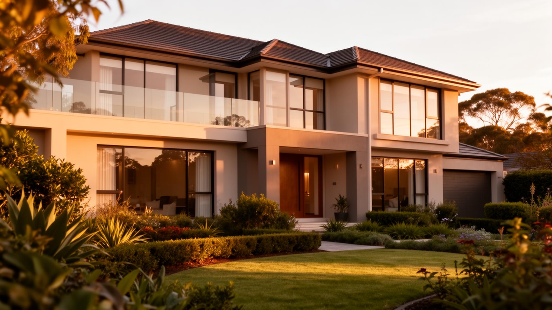 Modern Australian home with manicured garden at golden hour